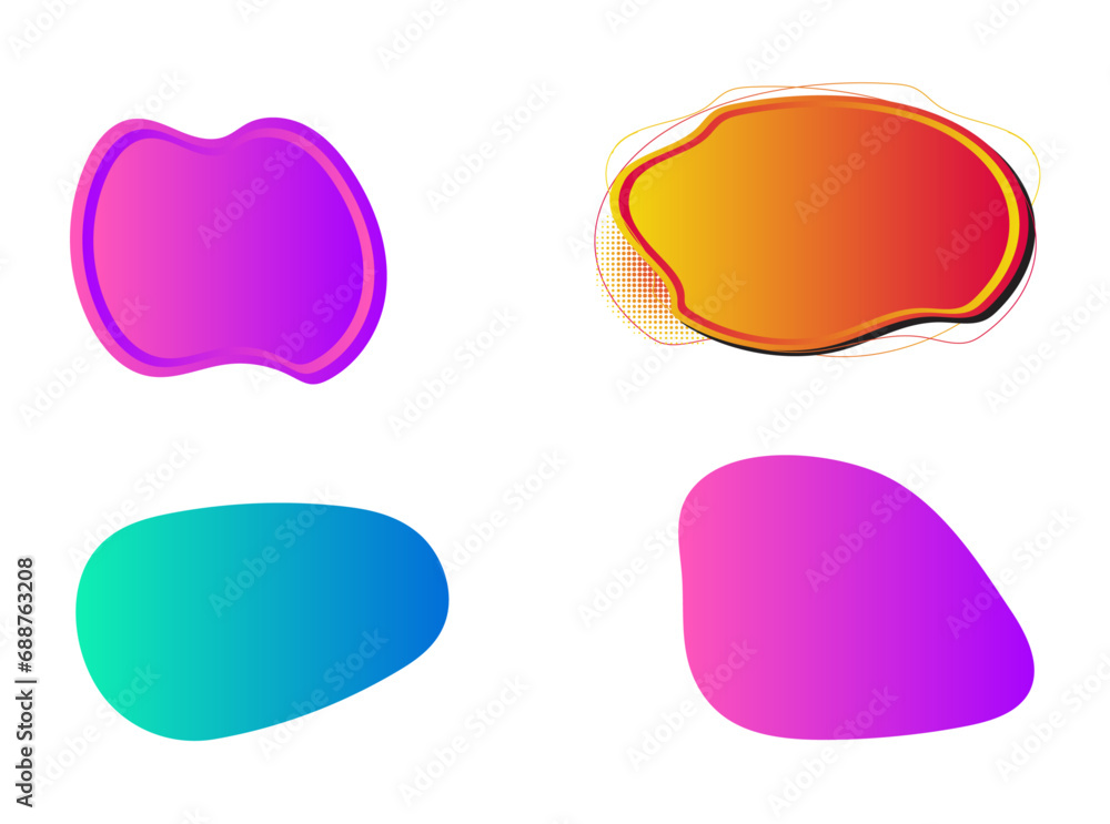 flat shape and green fluid blob, blue liquid stain and orange geometric form. Set of isolated abstract spot elements with Gradient shapes. Modern abstract pattern, bright colorful paint splash fluid. flat shape and green fluid blob, blue liquid stain and orange geometric form. Set of isolated abstract spot elements with Gradient shapes. Modern abstract pattern, bright colorful paint splash fluid.