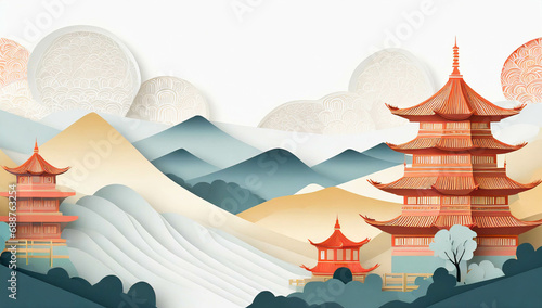 A beautiful mountain scene with Chinese pagoda building, in a cut paper collage style. Generative AI 