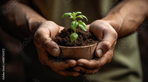 Hands holding a small amount of soil with a young plant sprouting from the center, symbolizing growth and care for the environment.