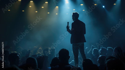 Man in a suit speaking into a microphone in front of an audience in a dark auditorium. © MP Studio