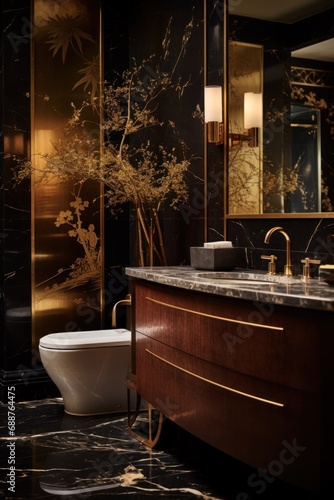 Luxury style chinoiserie bathroom vanity room interior of a home