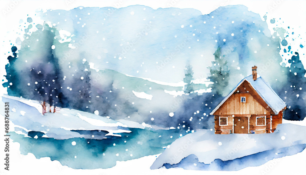 Log cabin in a snowy winter scene, in a colorful watercolor style. Generative AI
Log cabin in a snowy winter scene, in a colorful watercolor style. Generative AI
