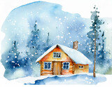 Log cabin in a snowy winter scene, in a colorful watercolor style. Generative AI
