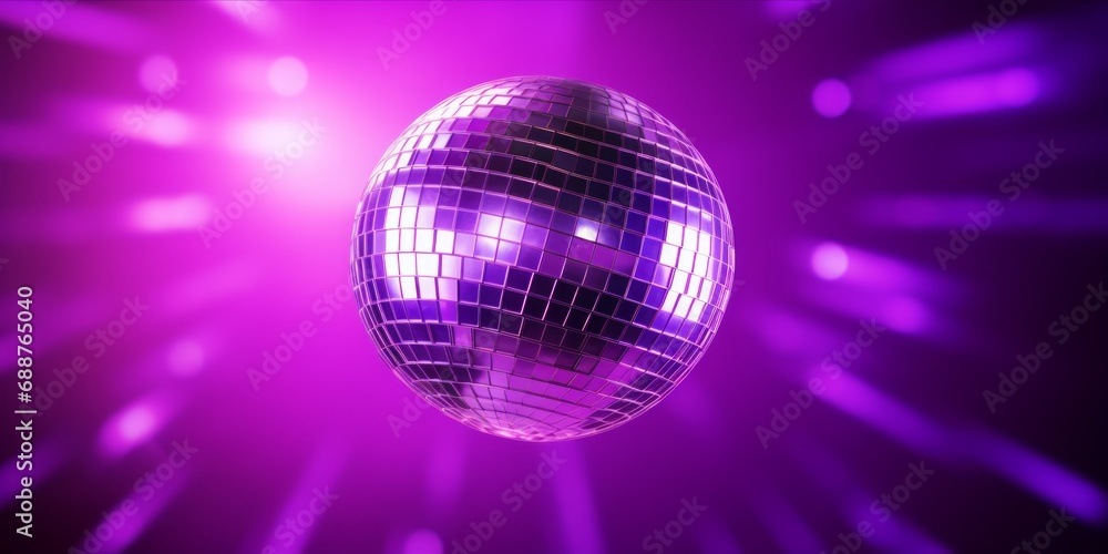 Obraz premium Disco Ball Shining Against a Vibrant Purple Background, Setting the Stage for a Night of Energetic Celebration and Groovy Vibes