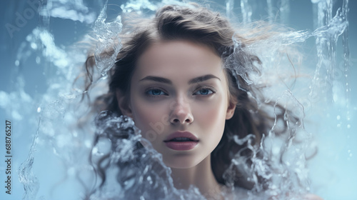 Portrait of beautiful young woman with water splash on her beauty face on blue background. Woman model with clean skin. Spa treatment, facial skin care, cleansing and moisturizing concept