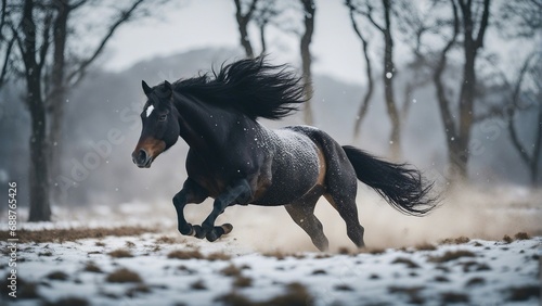 wild horse running towards the camera in snowfall  