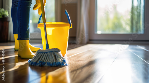 Low section of a person cleaning floor with wet mop at home. photo
