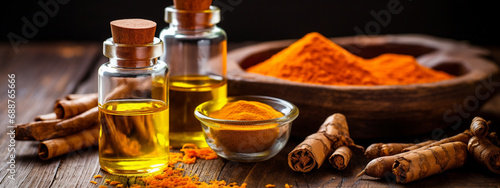 bottle, jar of essential oil extract turmeric photo