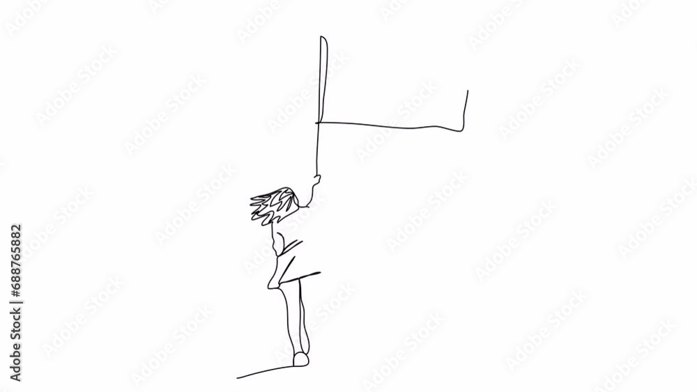 Woman holding a flag on top of a mountain, one line drawing animation. Video clip with alpha channel. Woman holding a flag on top of a mountain, one line drawing animation. Video clip with alpha channel.