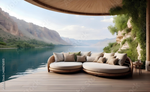 A comfort sofa with lake and mountains background.