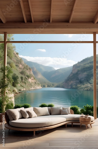 A comfort sofa with lake and mountains background.