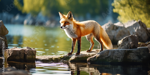 Fox in the Wilderness, red fox in river - Vulpes vulpes,red fox portrait, The mammal is standing on the stone at the river in the dark forest generated by AI technology