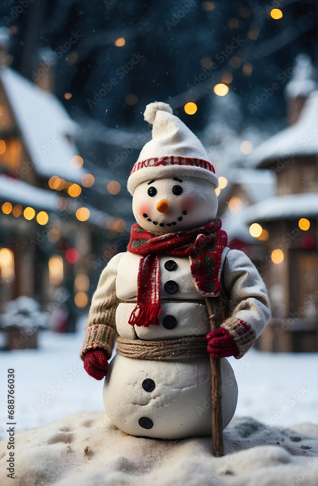 Obraz premium A cute snow man with Christmas village background.