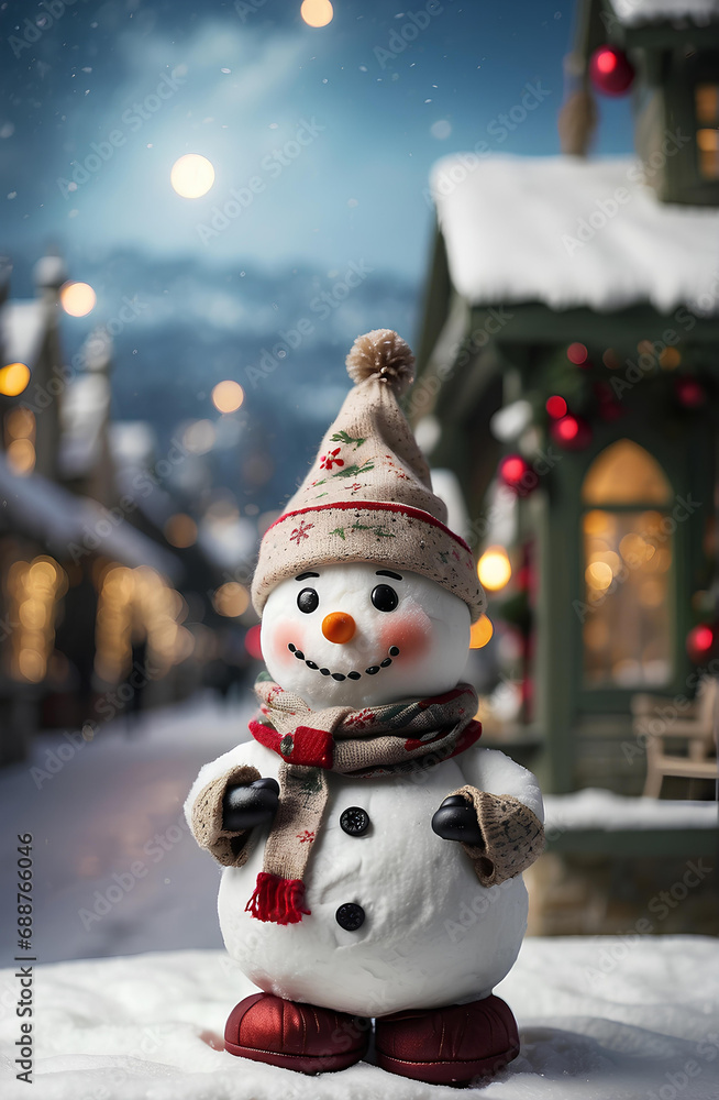 Obraz premium A cute snow man with Christmas village background.