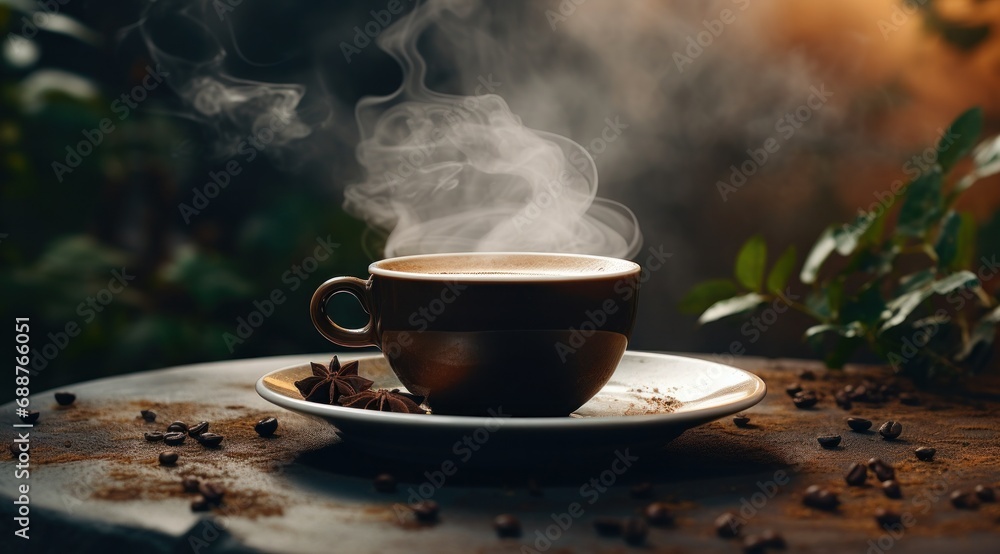 Fototapeta premium a black coffee cup in front of a plate with steam rising,
