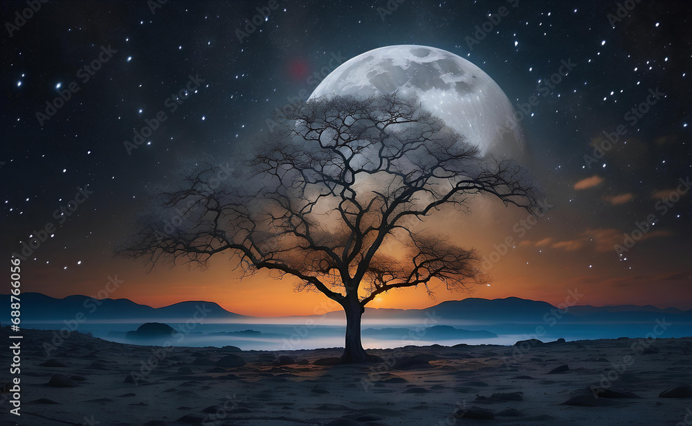 A tree with the moon and stars. A tree with the moon and stars.