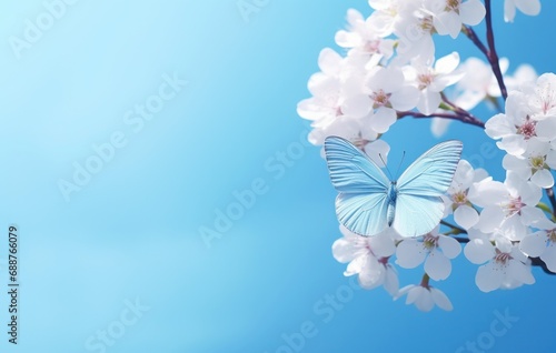 a blue backdrop with blooming blossoms  butterflies and blossoms 
