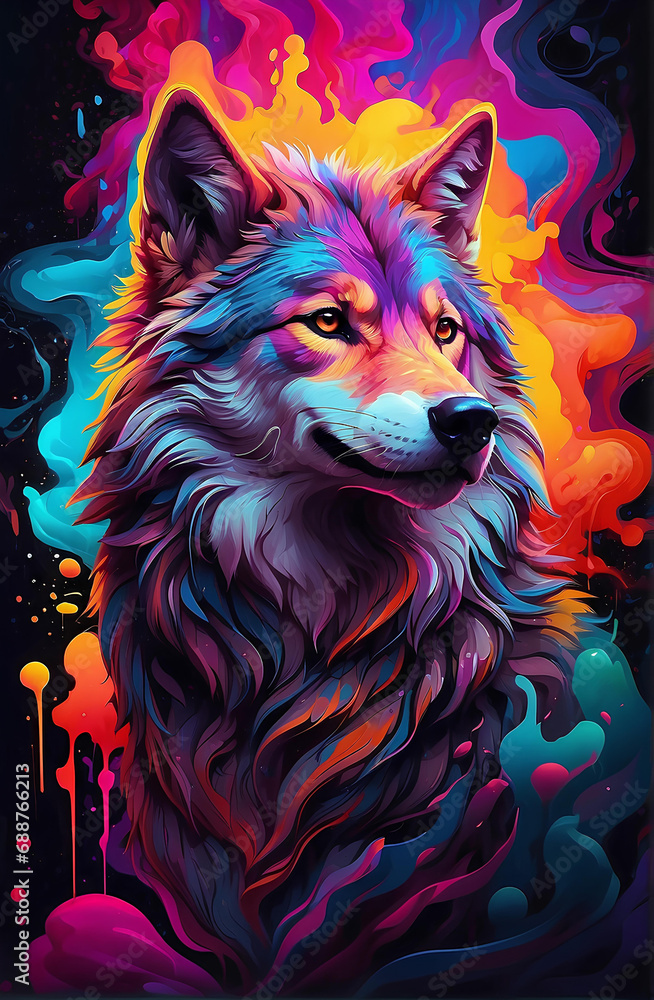 A colorful long haired Wolf illustration. A colorful long haired Wolf illustration.