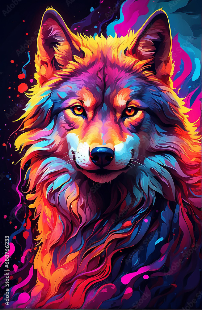 Naklejka premium A colorful long haired Wolf illustration.