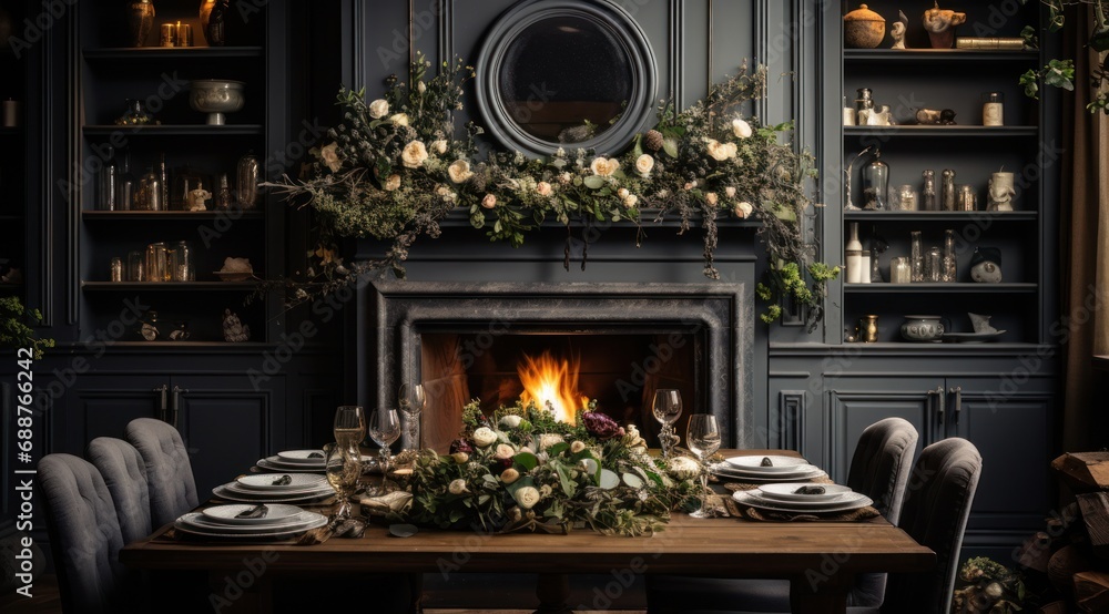 a christmas dining room with candles on the table and some flowers near a fireplace, a christmas dining room with candles on the table and some flowers near a fireplace,