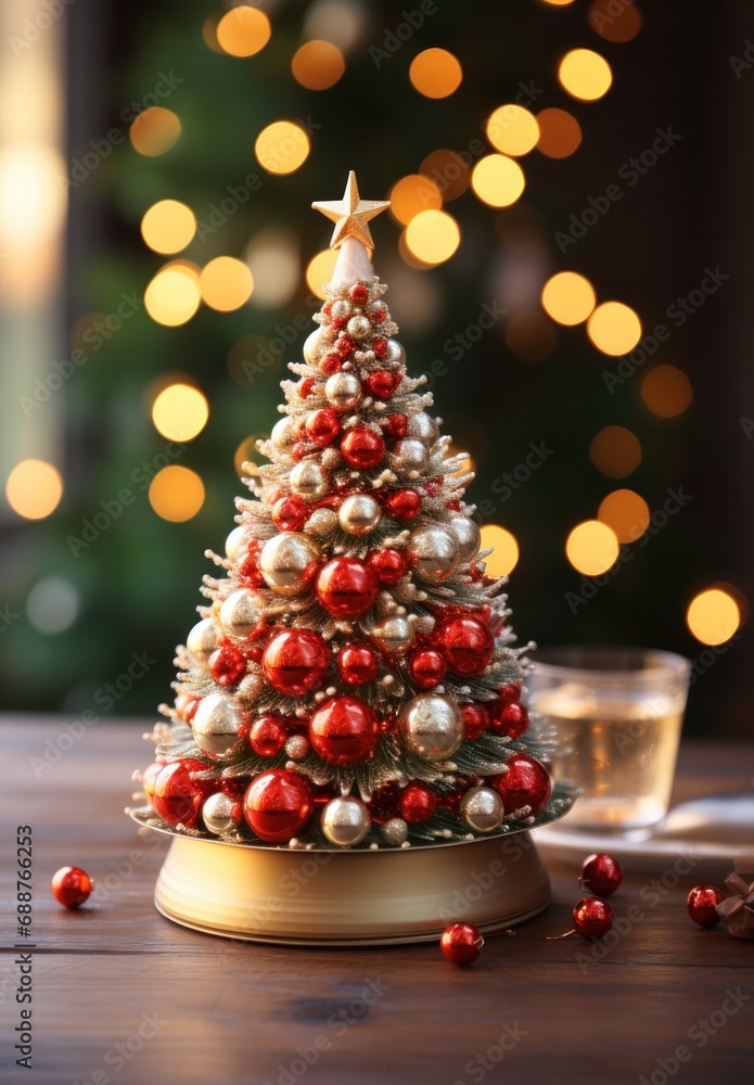 a christmas tree next to a wooden table,