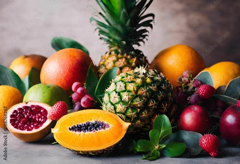 a bunch of fruits with one cut in half and another cut out a bunch of fruits with one cut in half and another cut out