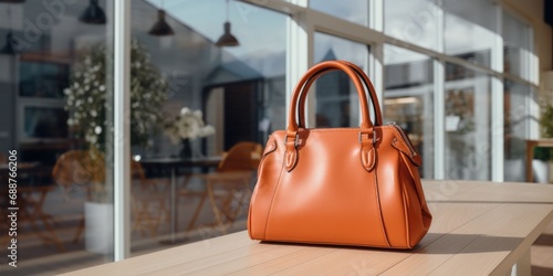 a brown leather handbag in the window of a shopping store, © ArtCookStudio