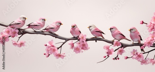 a bunch of sparrows sitting on a branch in front of a pink flower bouquet 