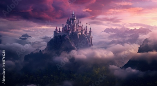 a castle in a scenic scene among the clouds 
