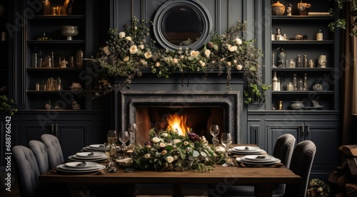 a christmas dining room with candles on the table and some flowers near a fireplace, © ArtCookStudio