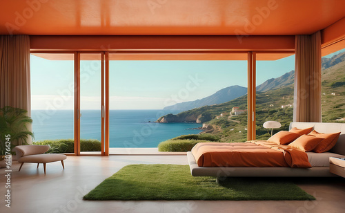 A cozy bedroom with sea and mountains background.