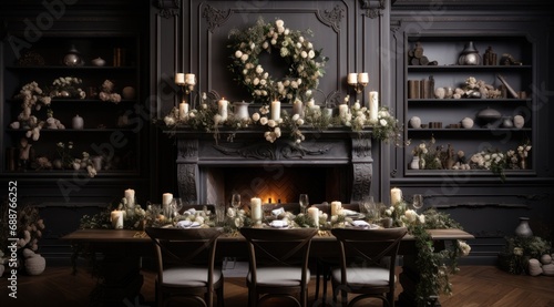 a christmas dining room with candles on the table and some flowers near a fireplace,