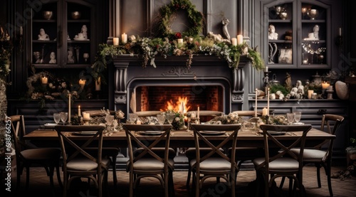a christmas dining room with candles on the table and some flowers near a fireplace, © ArtCookStudio