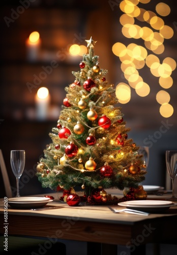 a christmas tree next to a wooden table,