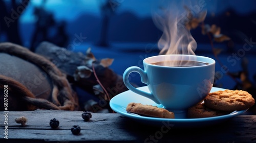 a coffee cup of coffee with some cookies and cookies on it next to a fireplace,
