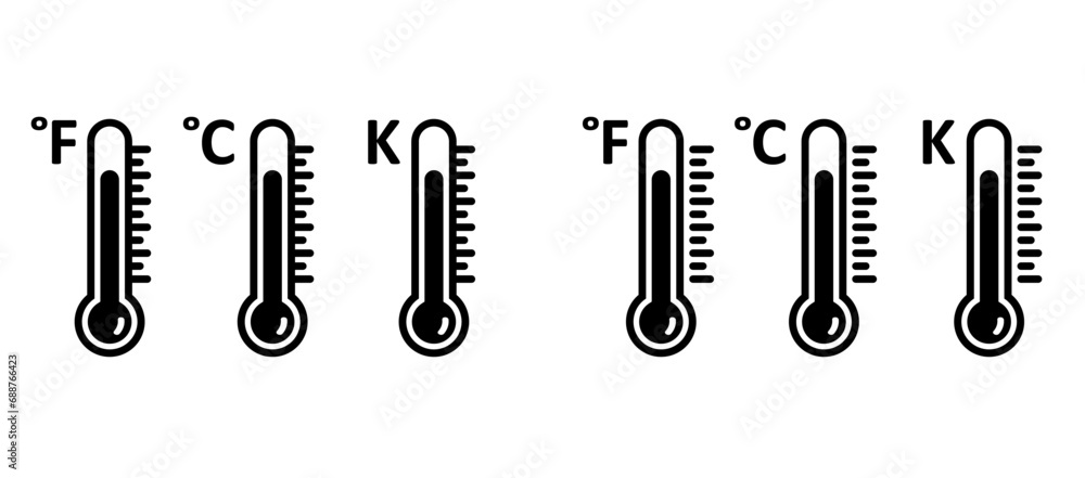 Fahrenheit, kelvin or Celsius meteorology thermometers set. Thermometer or temperature indicate. Hot or cold sign. Weather, season scale. Absolute zero, water freezes and water boils. - obrazy, fototapety, plakaty 