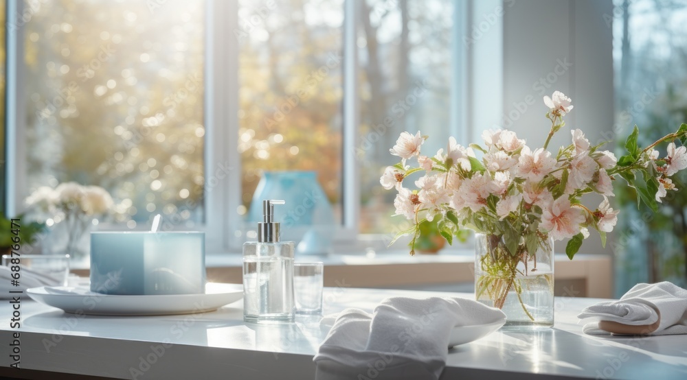 Fototapeta premium a dining table sitting in a windowed bathroom,