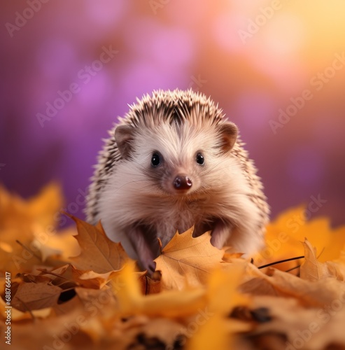 a cute hedgehog posing against a yellow leaf,