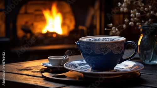 a cup of coffee by a fireplace with cookies near it 