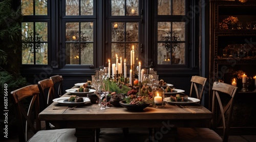a dark dining table with candles and christmas lighting,