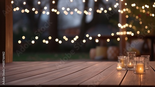 a deck with christmas lights outside
