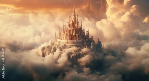 a fairytale castle rising up from the clouds in the sky, © ArtCookStudio