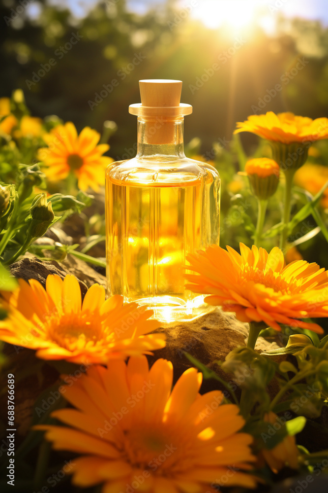 bottle, jar of calendula essential oil extract bottle, jar of calendula essential oil extract