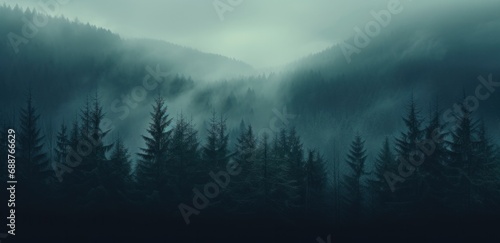 a foggy forest in the fog, photo