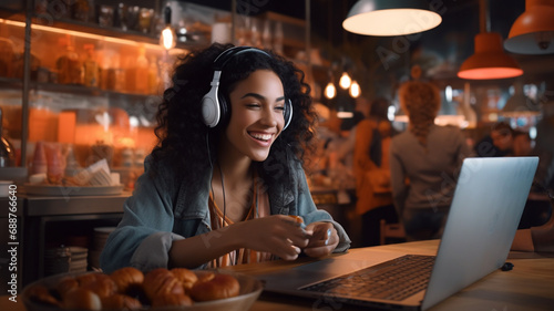 happy young woman with laptop listening to music and using wireless headphones