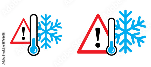 Caution, winter concept. Beware very cold temperature signboard. Weather, thermometer or temperature indicate with snowflake. Freezing hazard sign. Very coldly and scorching. 