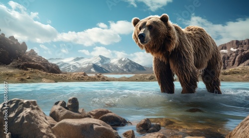 a grizzly bear on water standing near the rocky shoreline, © ArtCookStudio