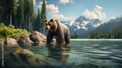 a grizzly bear on water standing near the rocky shoreline,