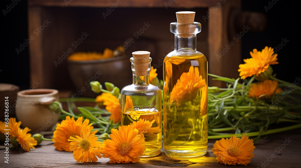 bottle, jar of calendula essential oil extract bottle, jar of calendula essential oil extract