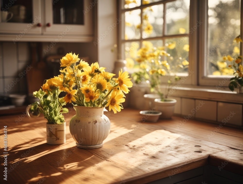 a kitchen with table and window in the background with flowers, a kitchen with table and window in the background with flowers,